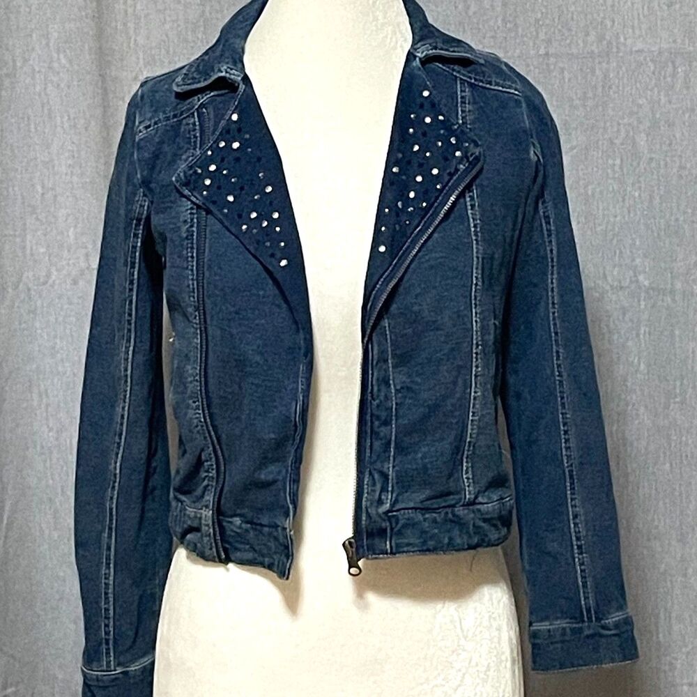 Justice Girls Studded Cotton Denim Moto Jacket Rhinestone Size 8 Back to School